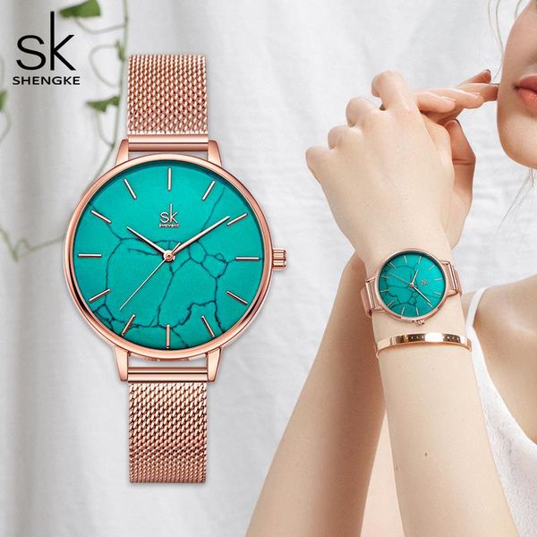 

wristwatches shengke emerald dial women watch rosegold stainless steel band marble surface original brand forgirl, Slivery;brown