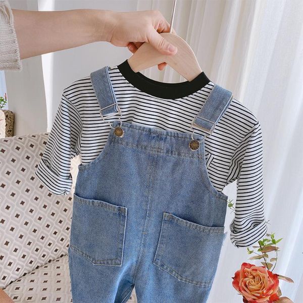 

children overalls boys girls denim pants 2021 spring autumn all-match jeans toddler kids loose pocket jumpsuits, Blue
