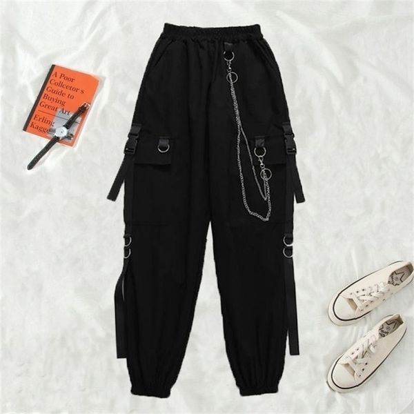 

qweek emo cargo pant punk rock pants streetwear harajuku punk rock pants jogger chain cargo pants trousers woman 211216, Black;white