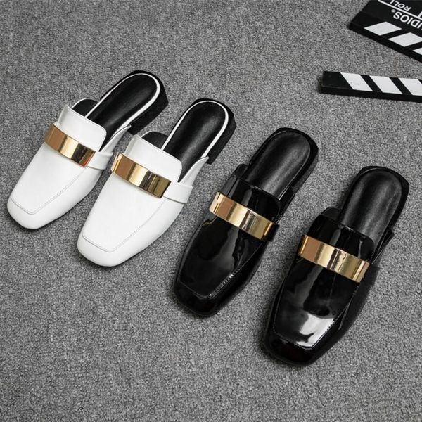 

sandals famous brand metal decoration slippers women square toe mules japanned leather flip flops thick low heels slides summer sh, Black