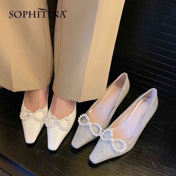 

sophitina pumps woman shallow pearls genuine leather pointed toe high square heel offcie lady shoes po1051 210513, Black