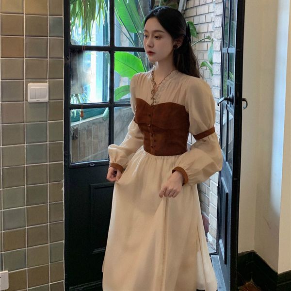 

2021vintage midi dress women casual v-neck long sleeve party retro dress female french evening one-piece dress korean 2021 autumn, Black;gray