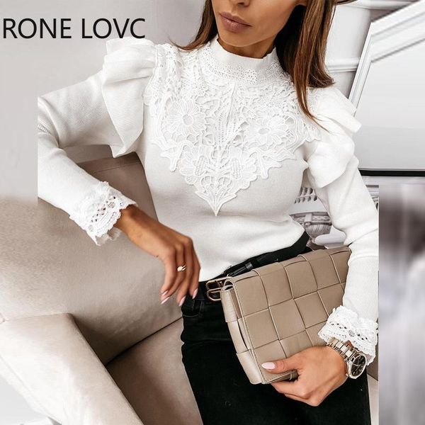 

women solid long sleeve bubble lace blouse and blouses women's & shirts, White