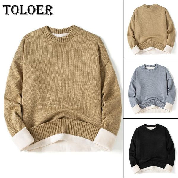 

men's sweaters winter warm round neck solid color black korean man casual knitter pullovers 2021 harajuku male fleece sweater3xl, White;black