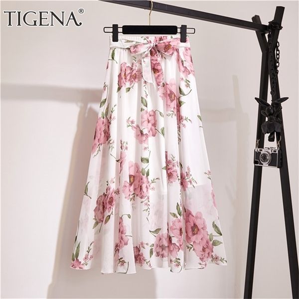 

tigena long pleated chiffon skirt women fashion summer big hem high waist floral print holiday beach female 210621, Black