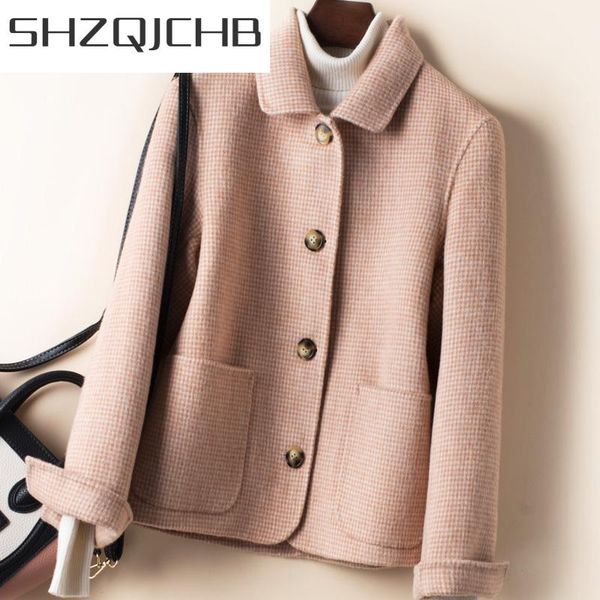 

women's wool & blends shzq elegant 100% coat female korean woolen jackets women clothes 2021 slim plaid spring autumn overcoat 1907777w, Black