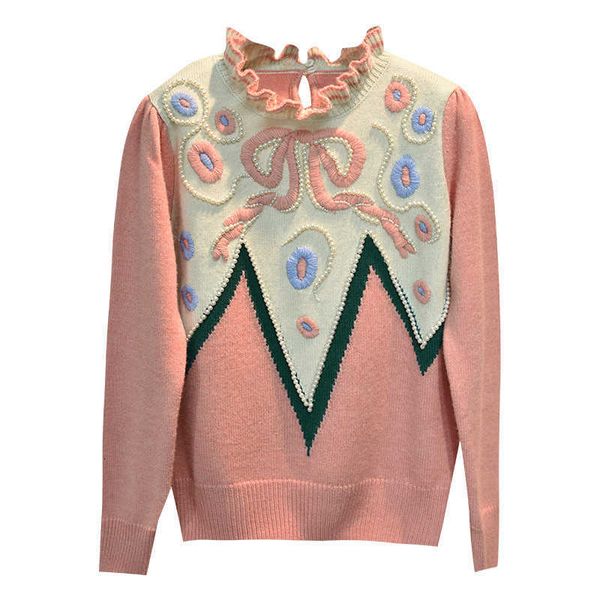

women's sweaters winter women sweet luxury pullover pink ruffled collar floral embroidery beaded brand design sweater clothes ets0, White;black