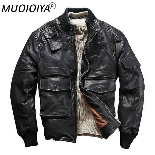 

men's leather & faux 2021 genuine jacket men's down sheepskin baseball collar short casual, Black