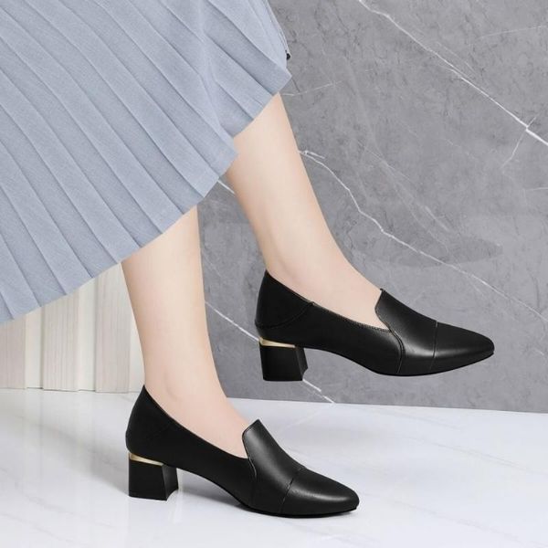 

dress shoes women leather heel 2021 spring chaussure femme zapatos mujer, Black