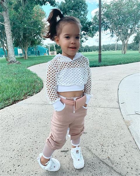 

baby girl spring summer tracksuit 2pcs toddler kid outfits clothes long sleeve hollow out mesh pants trousers, White