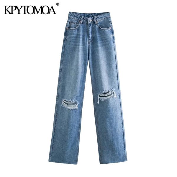 

kpytomoa women chic fashion ripped hole wide leg jeans vintage high waist zipper fly female trousers mujer 210924, Blue