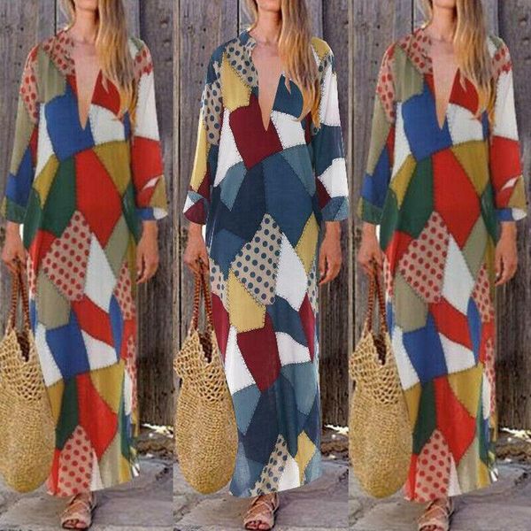 

women boho linen geometric baggy gypsy kaftan v-neck loose long maxi beach dress vacation casual dresses, Black;gray