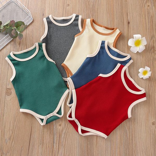 

baby's ribbed jumpsuit toddler boy girl solid color o-neck sleeveless romper button short pants breathable summer clothing rompers, Blue