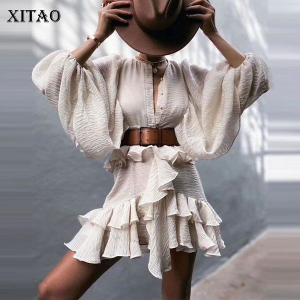 

casual dresses xitao ruffle dress fashion women high waist lantern sleeve goddess fan elegant loose dresszy2033, Black;gray