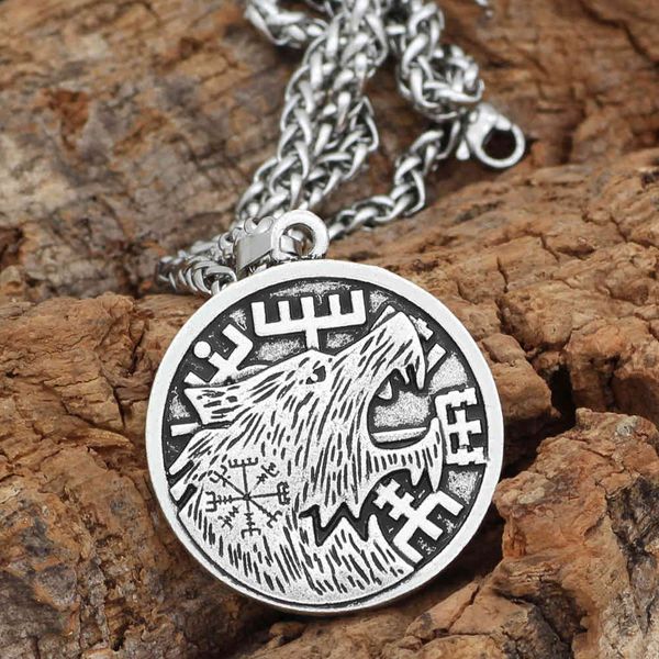 

selling viking compass celtic wolf head necklace men's pendant jewelry double-sided sweater chain, Silver