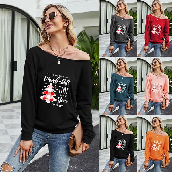 

2021 women's casual long sleeve sweater christmas letter diagonal shoulder top, Black