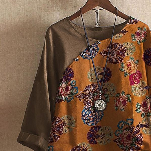 

womens shirts plus size fashion floral print linen blouse shirt o neck tee casual autumn ladies female women long, White