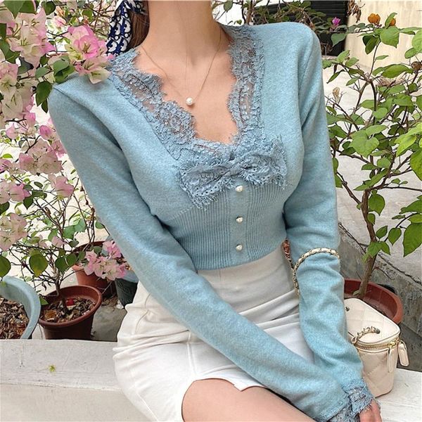 

women's blouses & shirts vintage knitted ladies casual v-neck lace slim blouse and women 2021 spring korean style shirt female ele, White