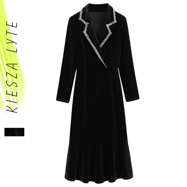 Elegantes schwarzes Samtkleid Herbst Winter Vintage Bürodame Langarm Revers knielange Kleider Robe Femme Vestidos 210608