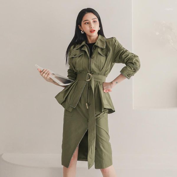 

mozuleva kroean style autumn ribbon pressure boundary belt zipper high waist trench coat + skirt1, Gray