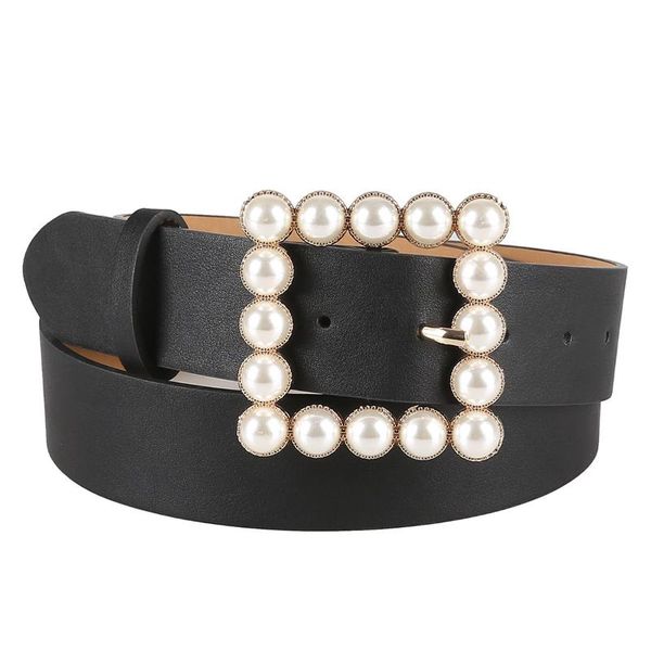 

belts pearl buckle belt for women luxury diamond pu leather strap jeans decorative party harajuku designer women's, Black;brown