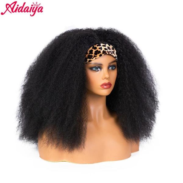 

synthetic wigs aidaiya yaki straight headband wig afro kinky curly for women hair wrap style high tempreture, Black