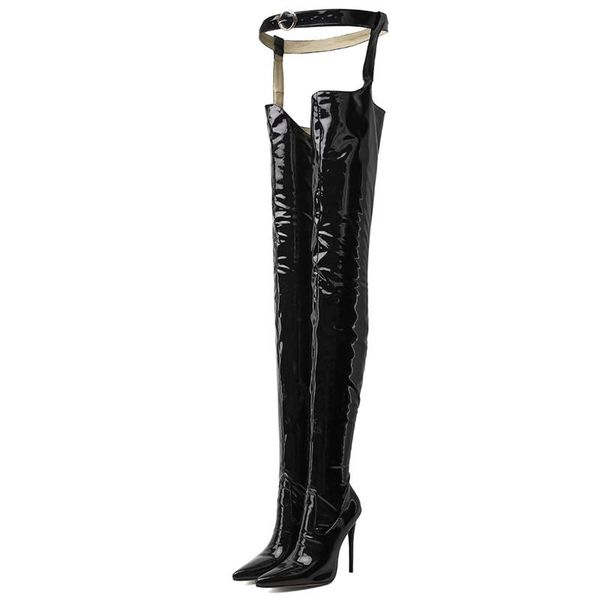 

boots style women's over the knee pu leather stiletto heel fashion belt zipper thigh, Black