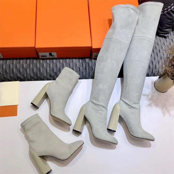 

boots winter women's 2021 style suede stretch over the knee high heel slim party shoes black ankle