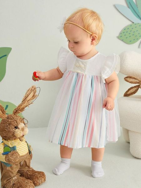 

baby block striped ruffle trim mesh overlay dress she, Red;yellow