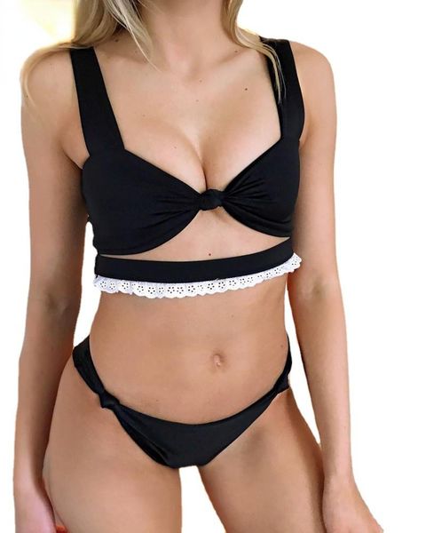 

women's swimwear bikini 2021 lace flower border swimsuit women knotted push up set bathing suit beach female 3 colors, White;black