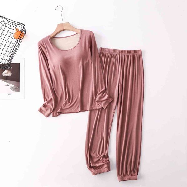 

women's sleepwear autumn winter sleepwear women modal cotton pajamas set bra padded long sleeve trousers two piece suit comfortable hom, Black;red