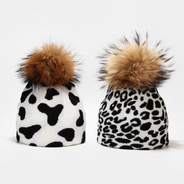 

beanies cow print windproof skullies hat warm skiing knitted winter real fur pompom hats for women girls black pom beanie cap