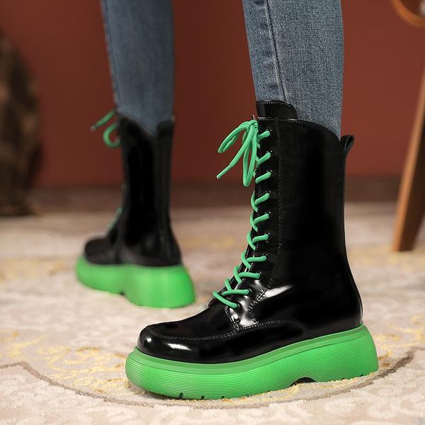 

boots qzyerai 2021 fashion lace up women's genuine leather with flat platform warm shoes autumn winter motorcycle ankle, Black