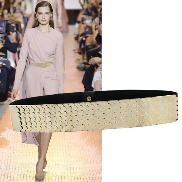 

belts fashion female gold fish scale metal elastic wide girdle for women europe nightclub party shiny accessories waist belt waistband, Black;brown
