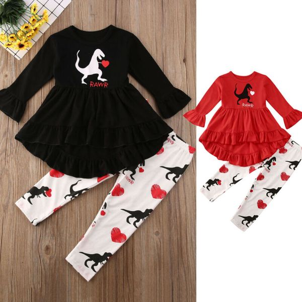 

1-5 years kids baby girl valentines day clothes floral clothes dinosaur print dress shirt girls leggings pants girls outfit set, White