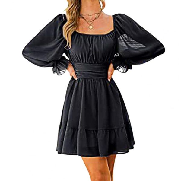 

casual dresses women summer square neck shirt dress bow backless loose hem petal puff sleeve a-line mini for beach streetwear, Black;gray