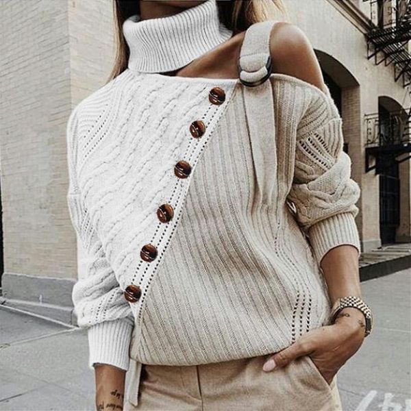 

women's sweaters autumn winter fashion button turtleneck knitted women jumper strap pullover long sleeve one shoulder knitwear female, White;black