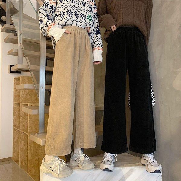 

women's pants & capris women fall winter corduroy trousers korean fashion wide-leg pant elastic waist student wild loose woman clothes, Black;white