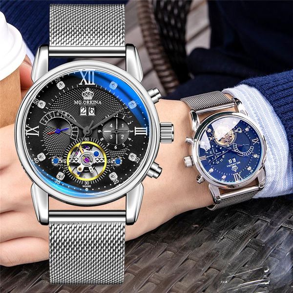 

wristwatches men's watches brand mgorkina luxury automatic mechanical tourbillon men stainless steel band man clock, Slivery;brown