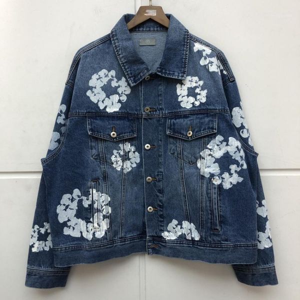 

men's jackets flower printing slim denim jacket men women streetwear cowboy jean, Black;brown