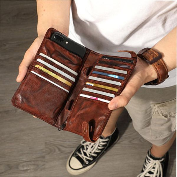 

wallets retro distressed sheepskin wallet men's large-capacity cross section fold leather long clutch, Red;black