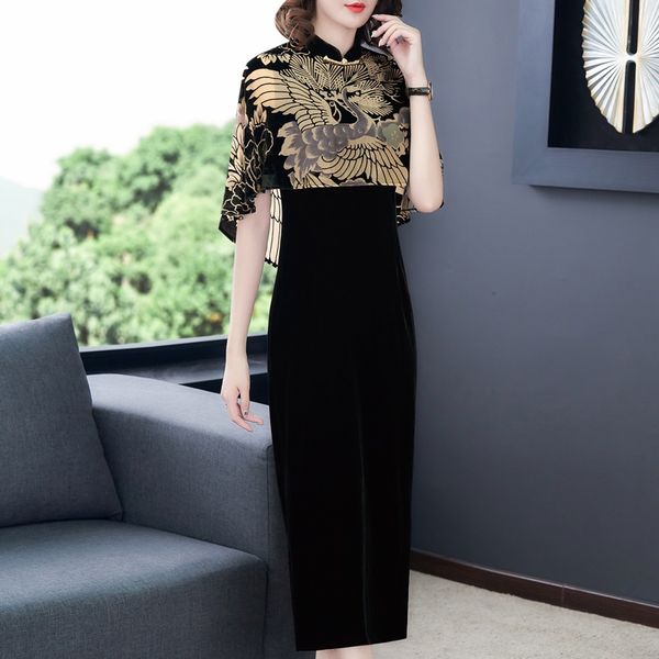 

2021 chinese dress cheongsam qipao vestidos velvet oriental dress mandarin collar cape style chinese traditional dress 11442, Red