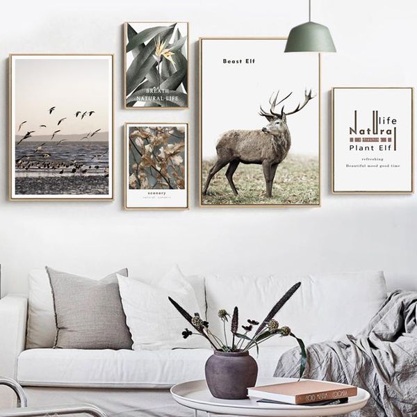 

paintings natural animal deer and seagull canvas painting wall art nordic posters prints pictures for living room decoration