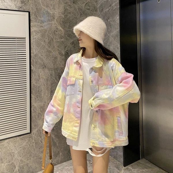 

women's jackets 2021 autumn denim woman jean jacket casual style loose and versatile tie-dye printed coat fried street fashion colthes, Black;brown