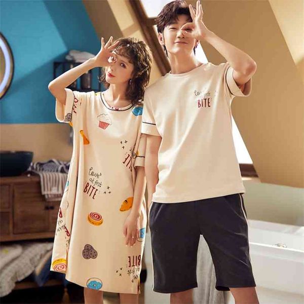 Bonito Mulheres Nightgown Man Pajamas Verão Casal Pares Sleepwear Lounge Desgaste de Manga Curta Home 210809