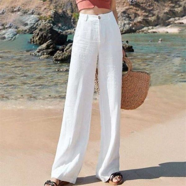 

elastic waist summer women pants plus size high thin cotton linen wide leg all-matched casual straight trousers 211115, Black;white