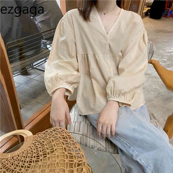 

ezgaga casual blouse women v-neck lantern sleeve solid loose sun protection spring tender elegant shirts korean fashion 210430, White