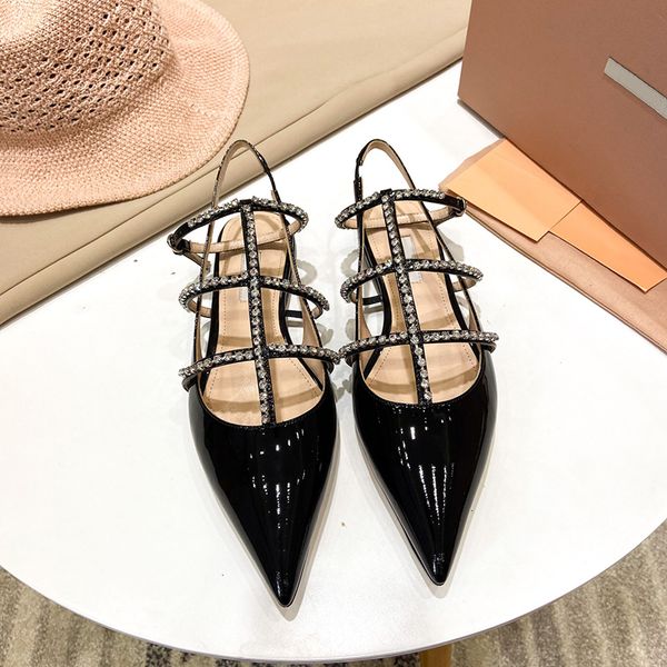 

women summer sandals pointed head diamond bling flat shoes genuine leather designer prom sandal dress shoe good quality black