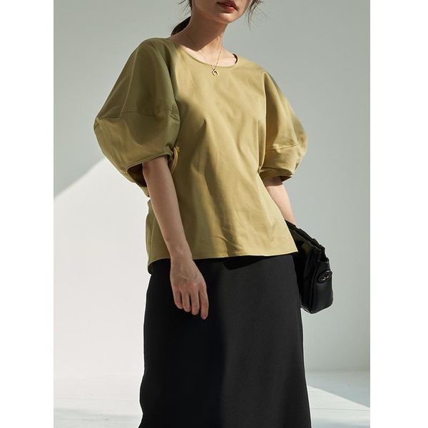 

women's t-shirt xiaowang [daihe] 2021 spring korean urban leisure loose lantern sleeve short round neck top, White