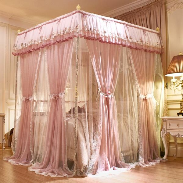 

mosquito net pink gray green double-deck romantic white lace luxury palac style three-door quadrate floor-standing bedding set